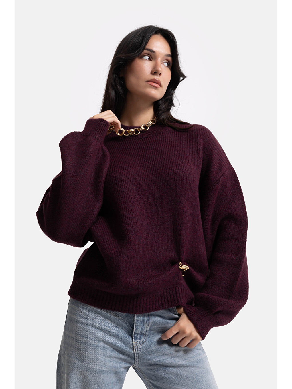 Kadın Bordo W6-57 Oversize Aksesuar Detaylı Tasarım Triko Kazak-2