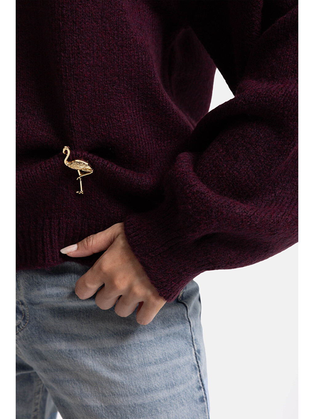 Kadın Bordo W6-57 Oversize Aksesuar Detaylı Tasarım Triko Kazak-3