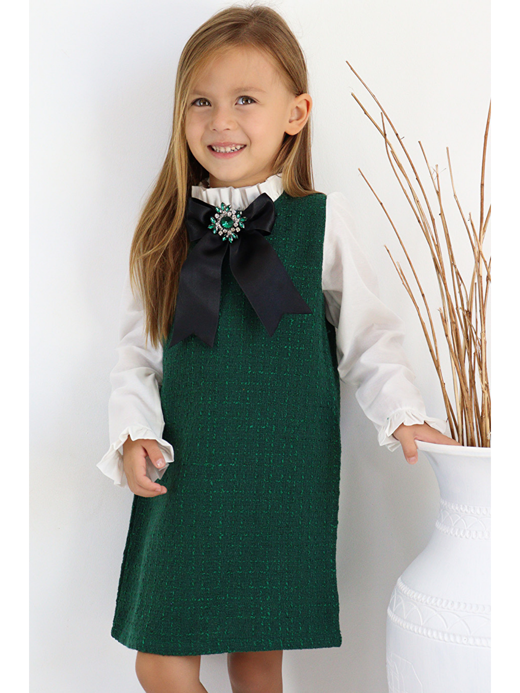 Kız Çocuk Zümrüt Yeşil Vanessa Broş Detaylı Tüvit Uzun Kollu Yılbaşı Elbisesi-9