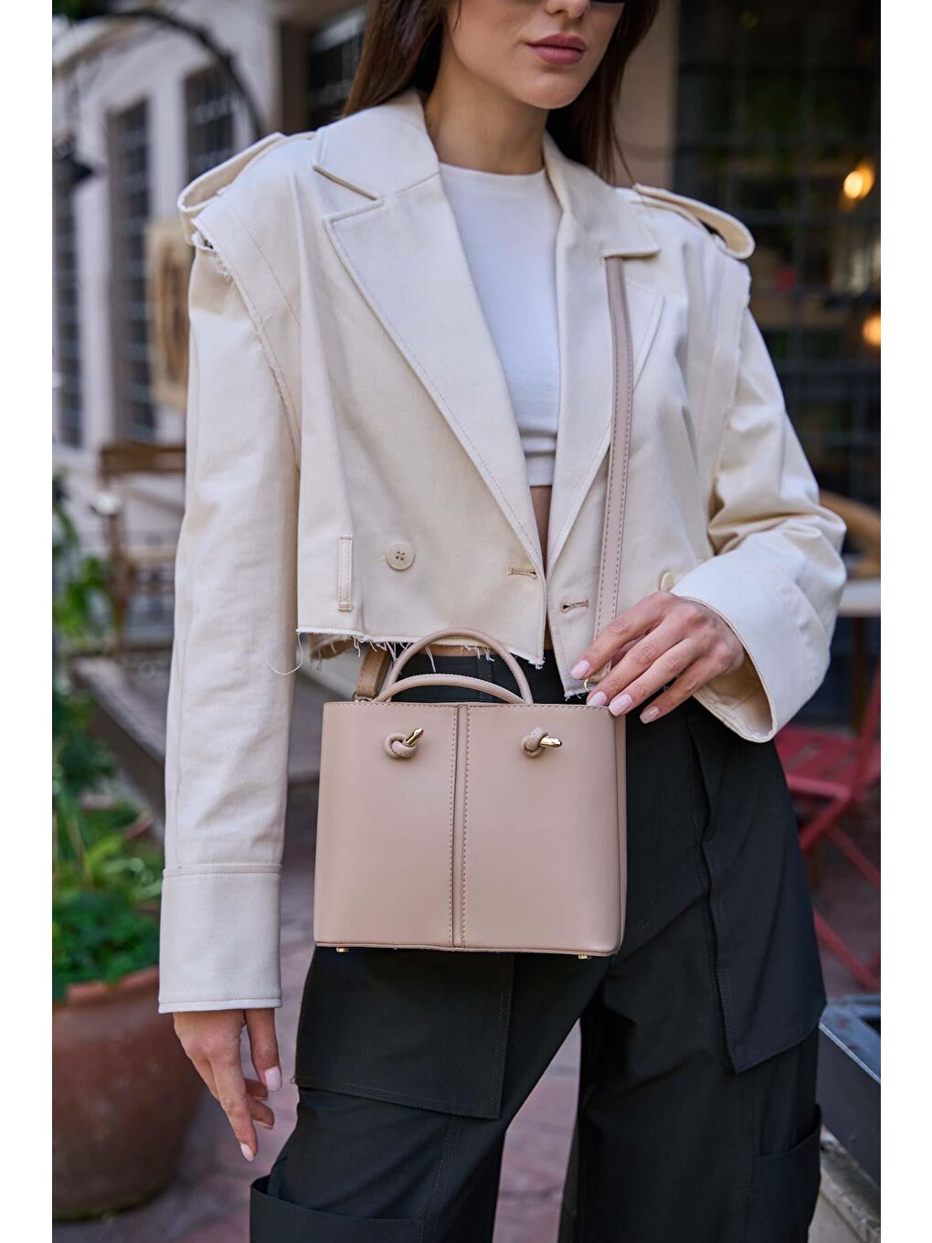 Bej Bağcık Detaylı El Ve Omuz Çantası Vizon-4