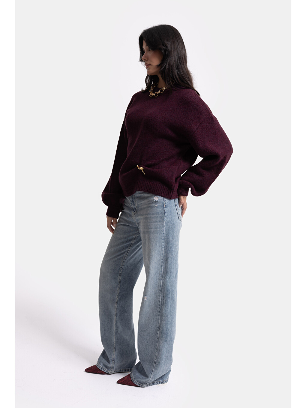 Kadın Bordo W6-57 Oversize Aksesuar Detaylı Tasarım Triko Kazak-4