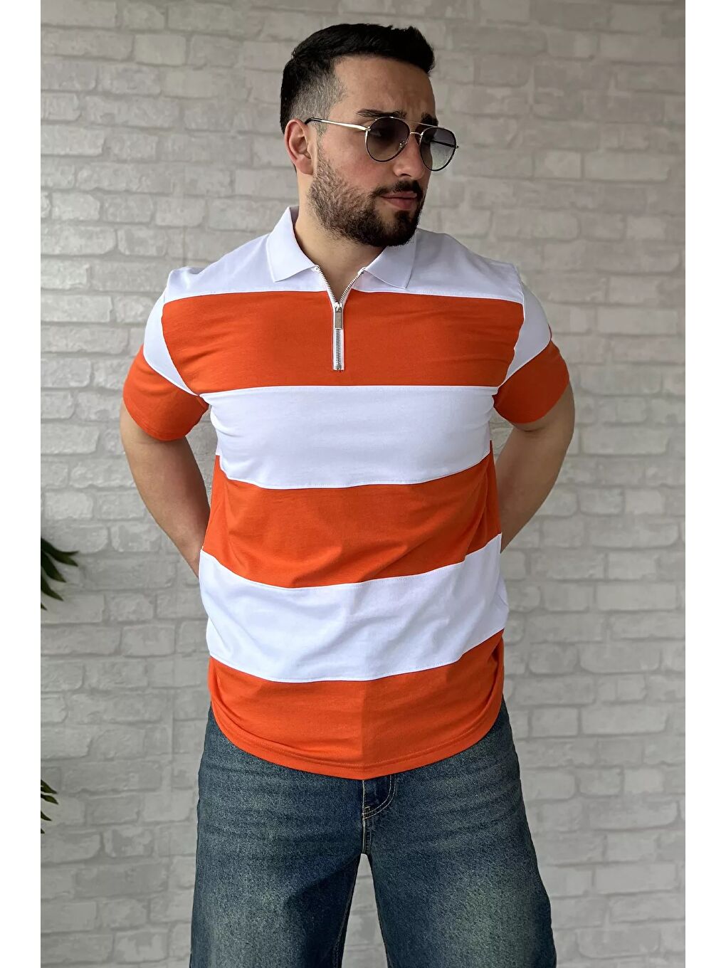 Beyaz Polo Yaka Yarım Fermuarlı Erkek Tişört-1