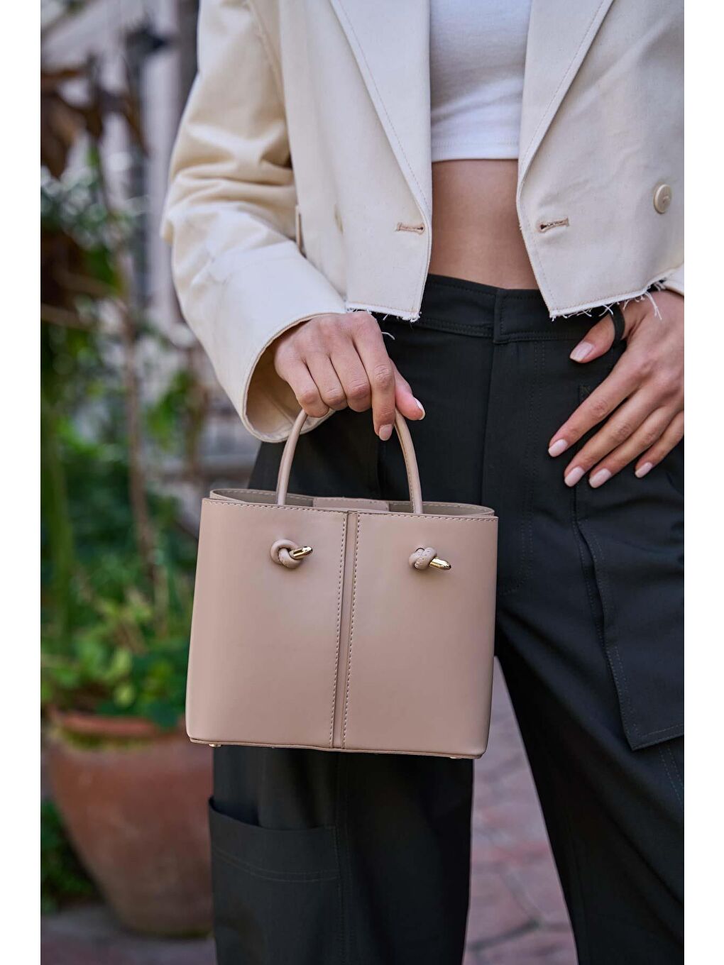 Bej Bağcık Detaylı El Ve Omuz Çantası Vizon-1