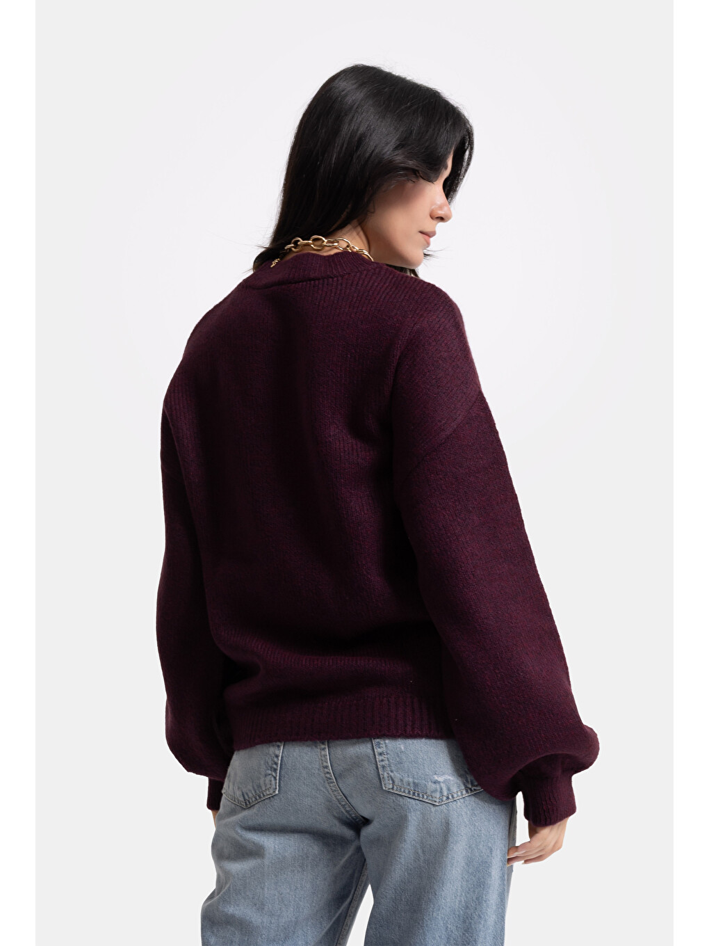 Kadın Bordo W6-57 Oversize Aksesuar Detaylı Tasarım Triko Kazak-6