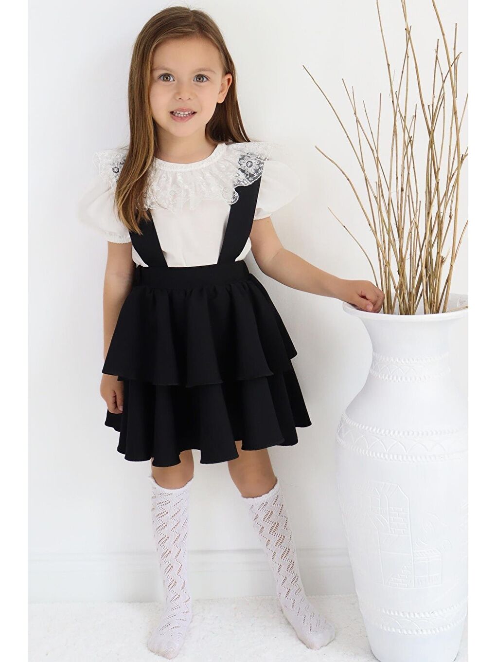 Kız Çocuk Helen Siyah Askılı Bağlama Jile 29 Ekim Elbise Ekru Dantel Kısa Kollu Bluz Abiye Takım-1