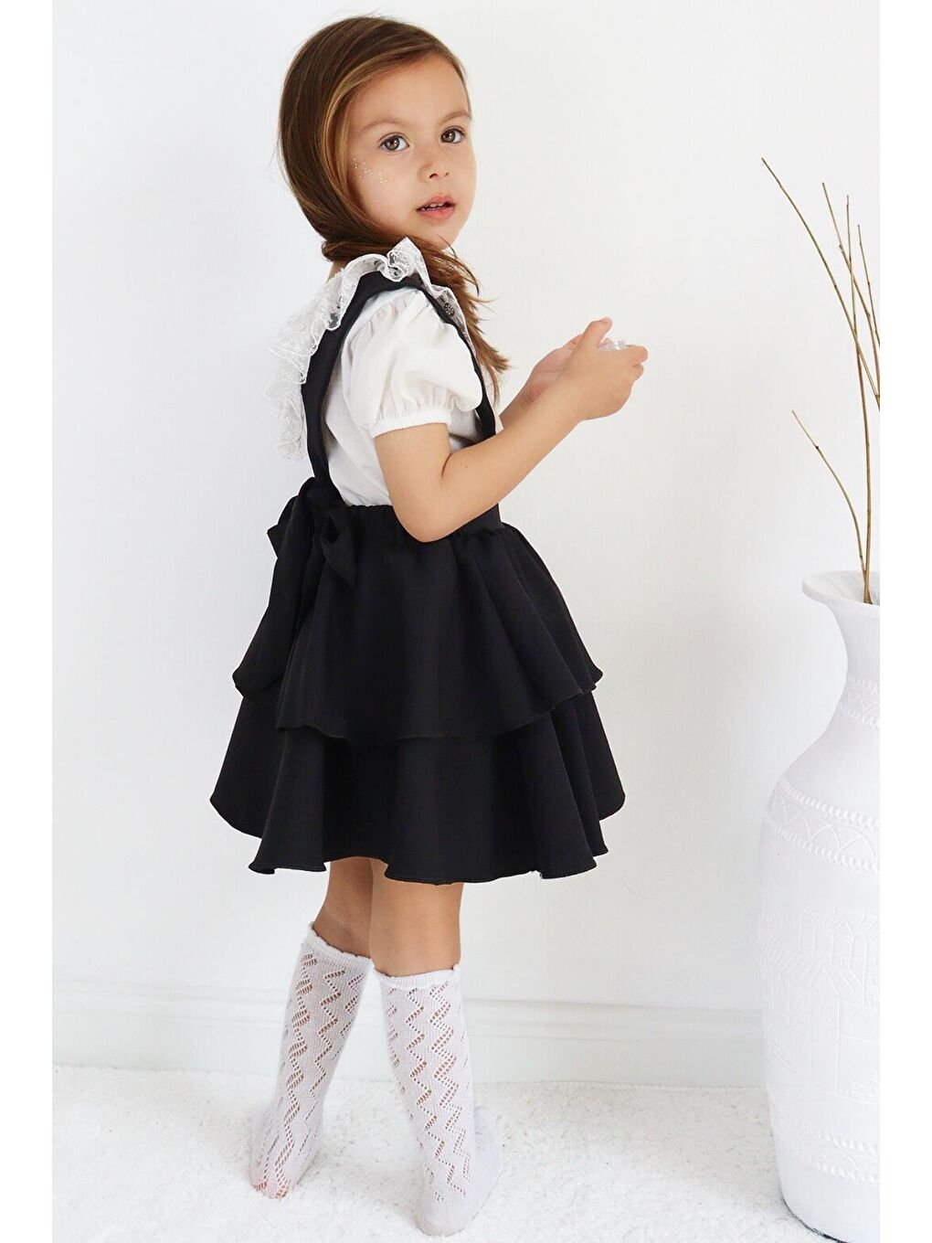 Kız Çocuk Helen Siyah Askılı Bağlama Jile 29 Ekim Elbise Ekru Dantel Kısa Kollu Bluz Abiye Takım-2