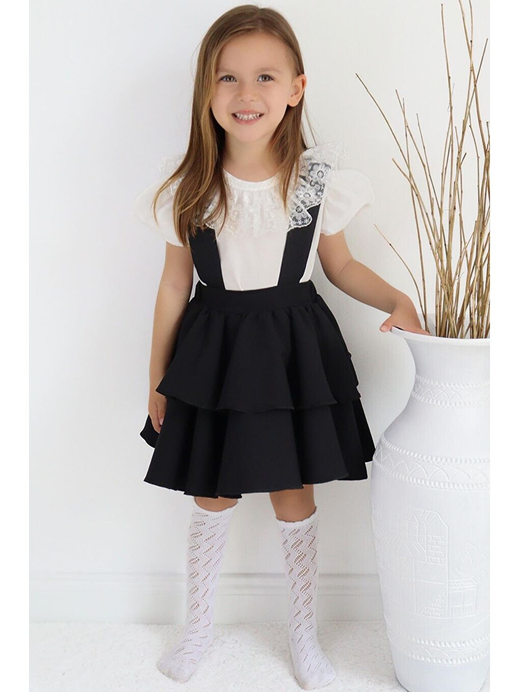 Kız Çocuk Helen Siyah Askılı Bağlama Jile 29 Ekim Elbise Ekru Dantel Kısa Kollu Bluz Abiye Takım-4