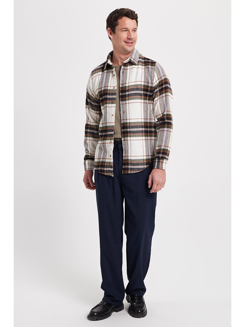Ekru Erkek Slim Fit Dar Kesim Kareli Kışlık Oduncu Gömlek-1
