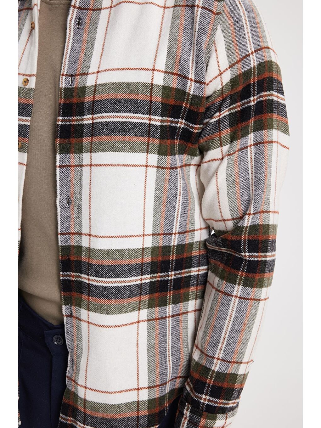 Ekru Erkek Slim Fit Dar Kesim Kareli Kışlık Oduncu Gömlek-3