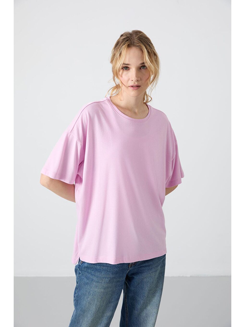 TOMMYLIFE Pembe Penye Modal Yumuşak Tuşeli Oversize Fit Basic Kadın T-Shirt- 97285