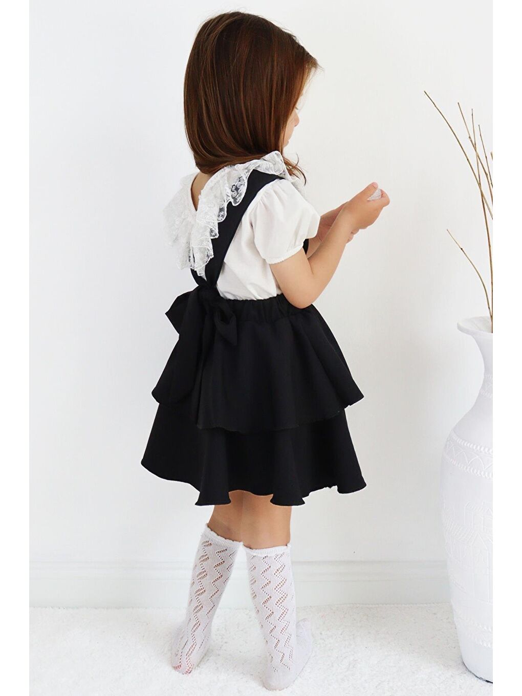 Kız Çocuk Helen Siyah Askılı Bağlama Jile 29 Ekim Elbise Ekru Dantel Kısa Kollu Bluz Abiye Takım-7
