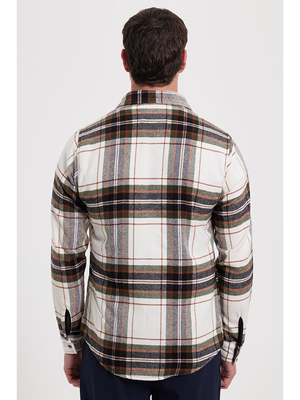 Ekru Erkek Slim Fit Dar Kesim Kareli Kışlık Oduncu Gömlek-5