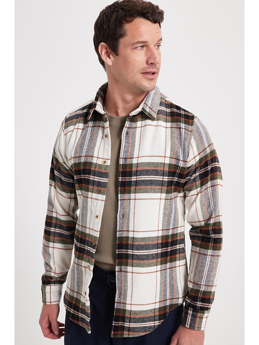 Ekru Erkek Slim Fit Dar Kesim Kareli Kışlık Oduncu Gömlek-6