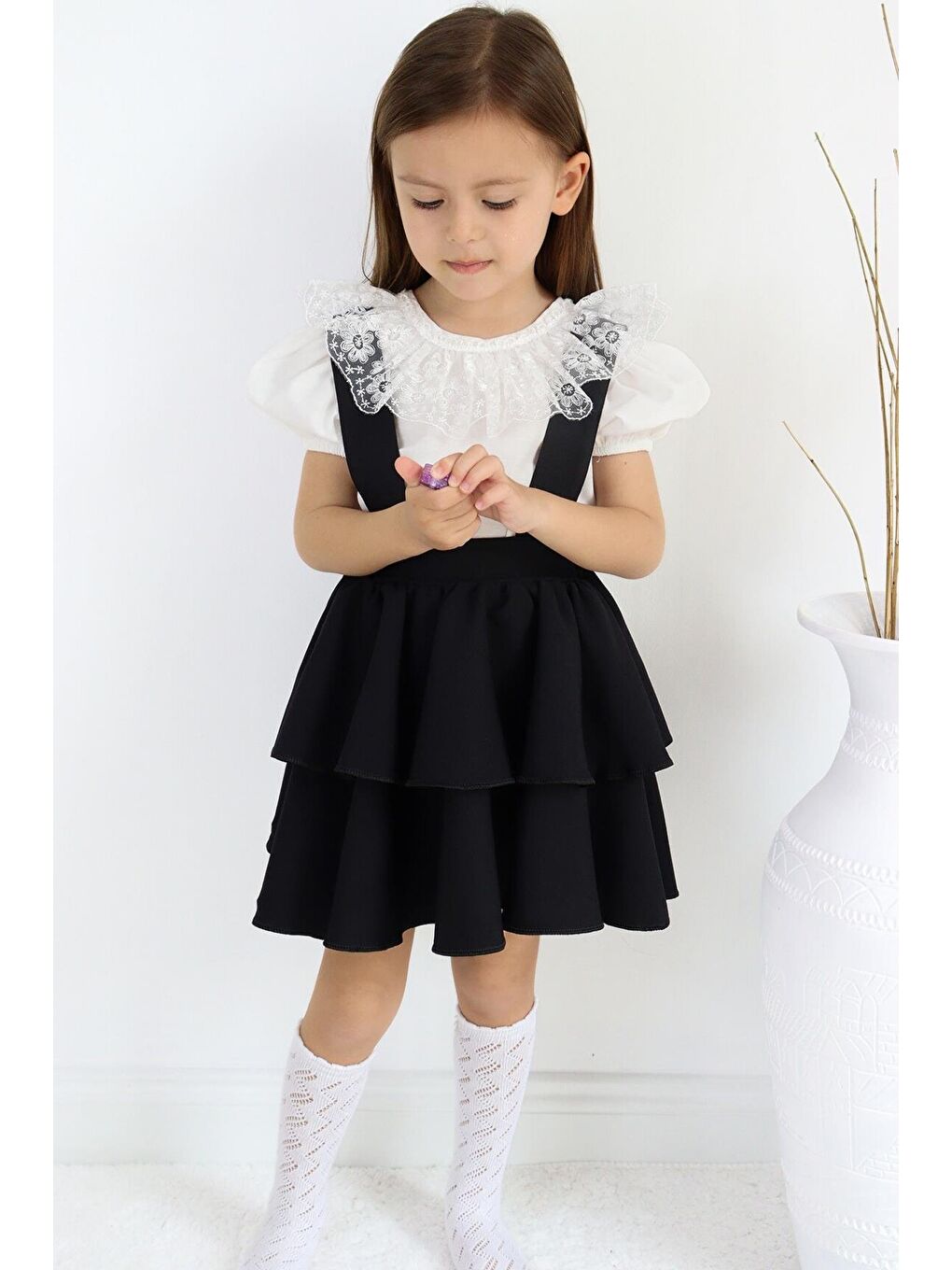 Kız Çocuk Helen Siyah Askılı Bağlama Jile 29 Ekim Elbise Ekru Dantel Kısa Kollu Bluz Abiye Takım-8