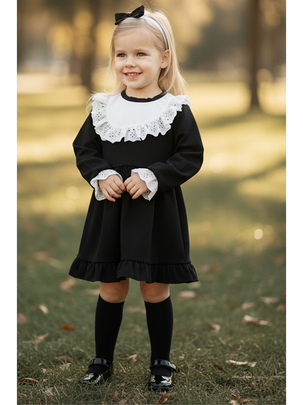 Beyaz Kız Çocuk Ruby Siyah Uzun Kollu Dantel Detaylı Fırfırlı Elbise Bandana Takım