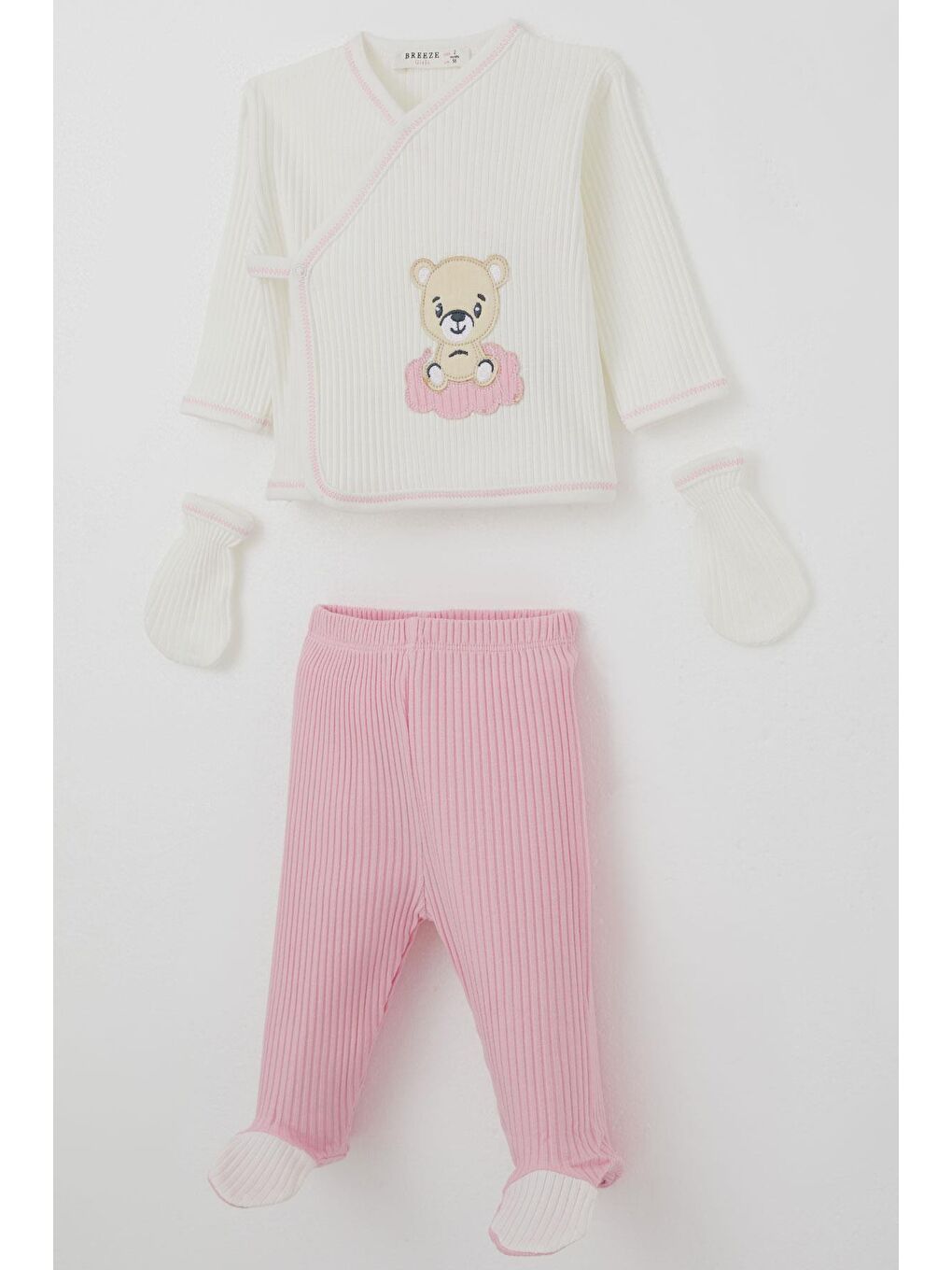 Kız Bebek Hastane Çıkışı 5 Li Sevimli Bebek Ayıcık Nakışlı Ekru (0-3 Ay)-1