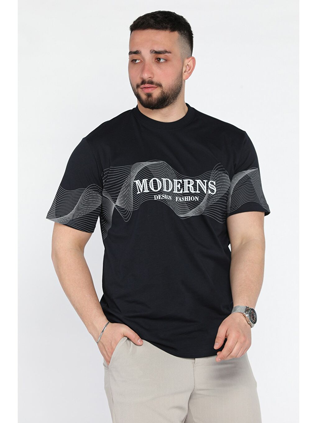 Lacivert Erkek Bisiklet Yaka Baskılı Tişört