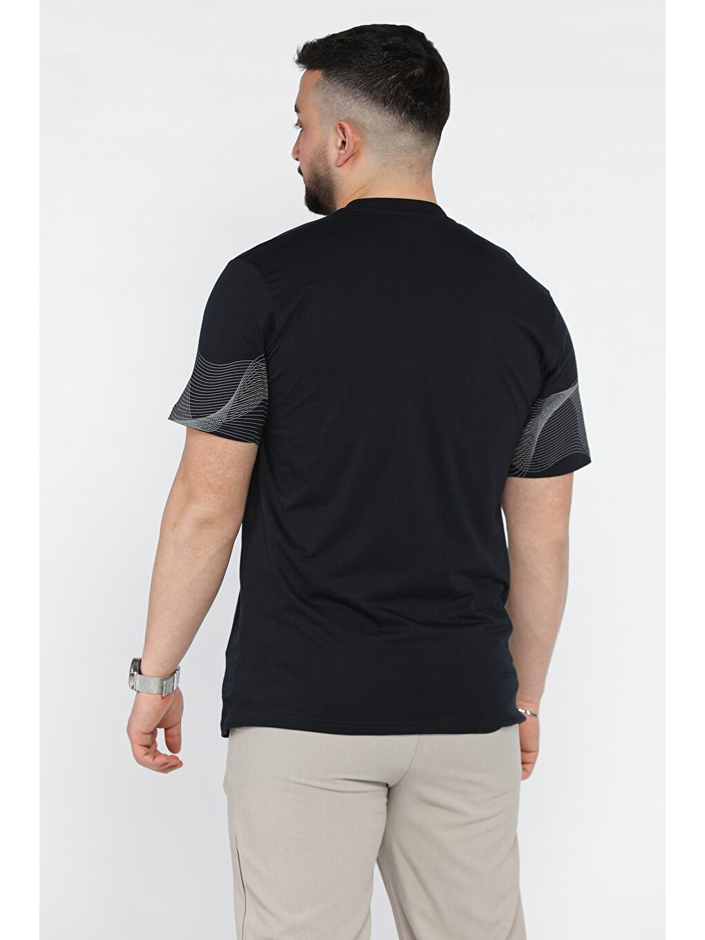 Lacivert Erkek Bisiklet Yaka Baskılı Tişört-2