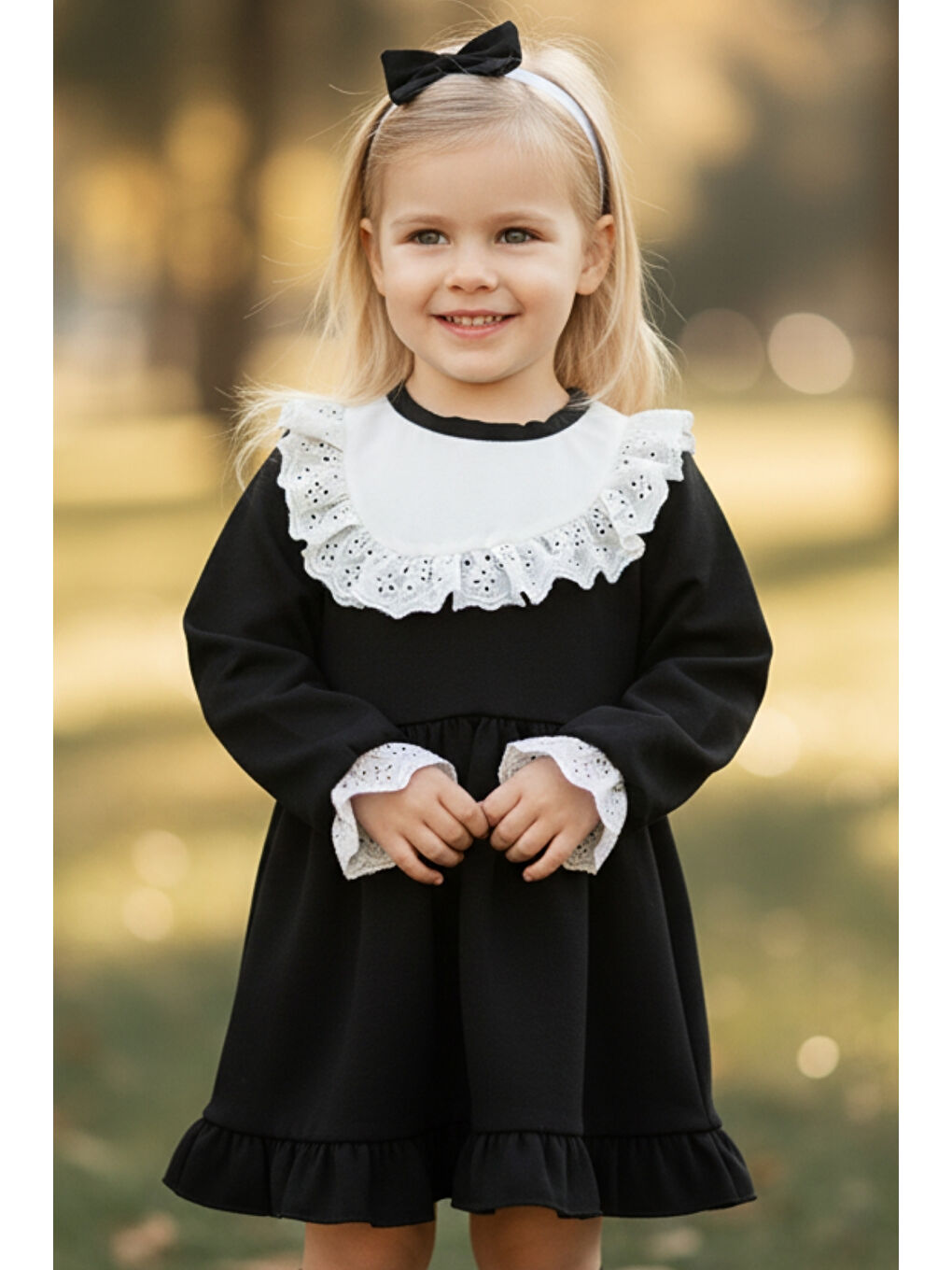 Beyaz Kız Çocuk Ruby Siyah Uzun Kollu Dantel Detaylı Fırfırlı Elbise Bandana Takım-1