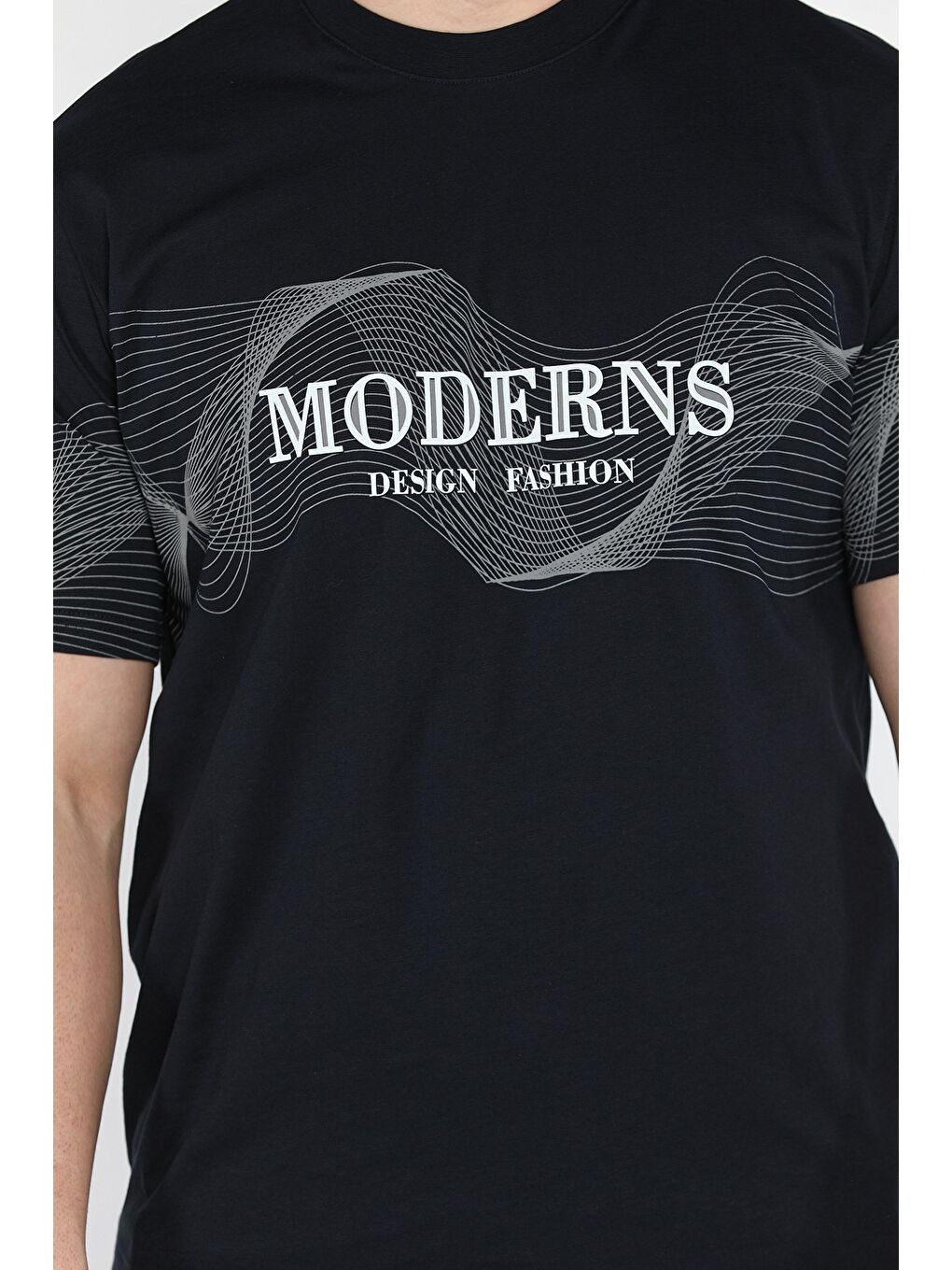 Lacivert Erkek Bisiklet Yaka Baskılı Tişört-3