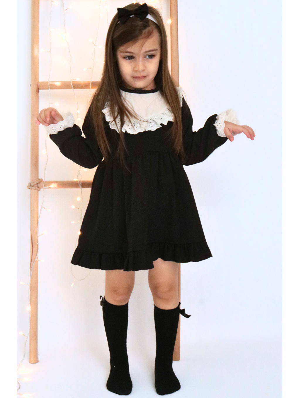 Beyaz Kız Çocuk Ruby Siyah Uzun Kollu Dantel Detaylı Fırfırlı Elbise Bandana Takım-2