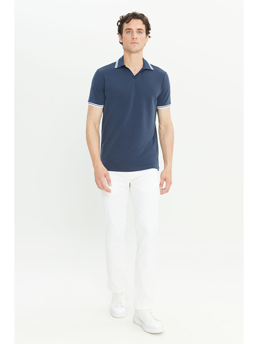 Erkek Lacivert Yumuşak Dokulu Modal Dar Kesim Polo Yaka Tişört-1