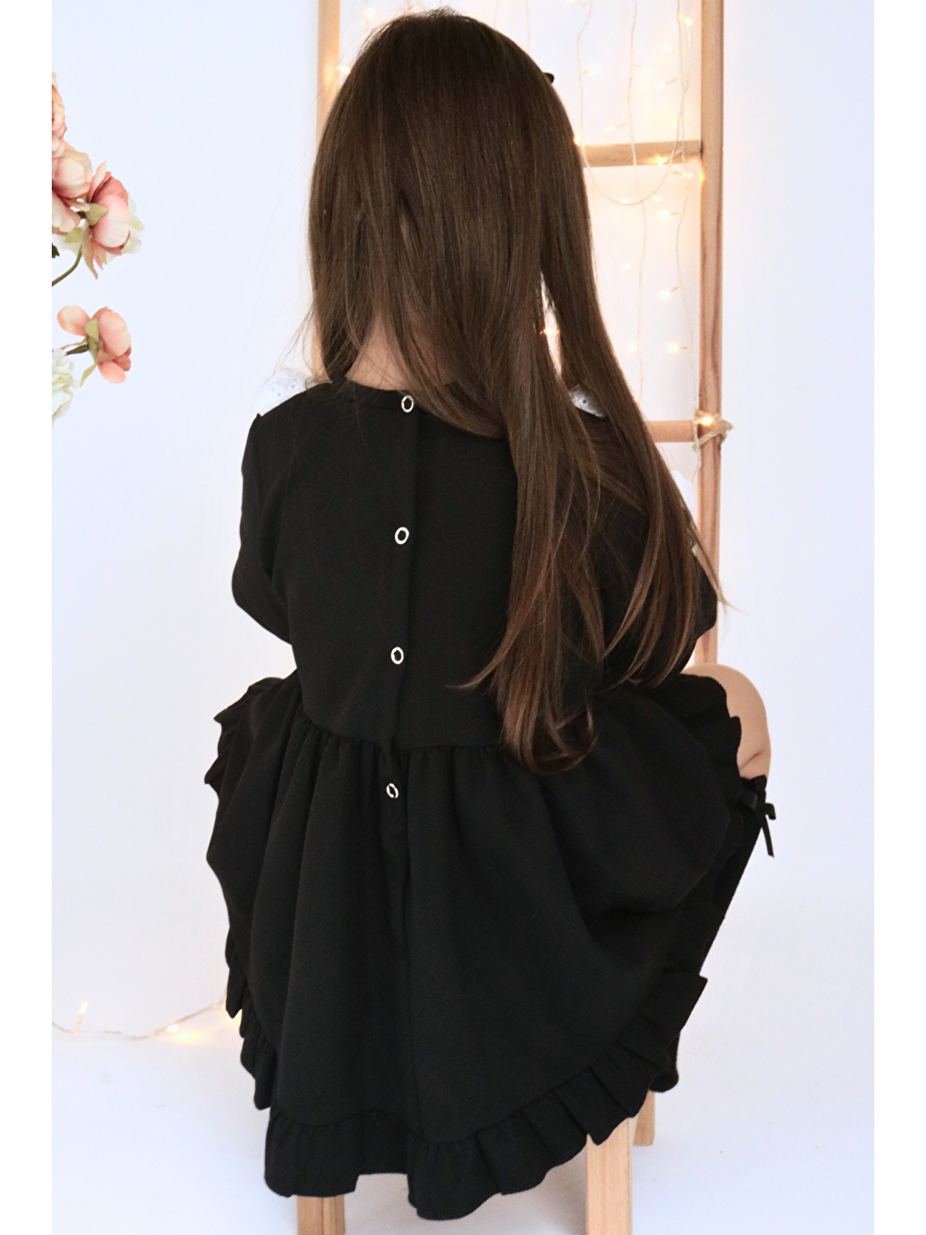 Beyaz Kız Çocuk Ruby Siyah Uzun Kollu Dantel Detaylı Fırfırlı Elbise Bandana Takım-5