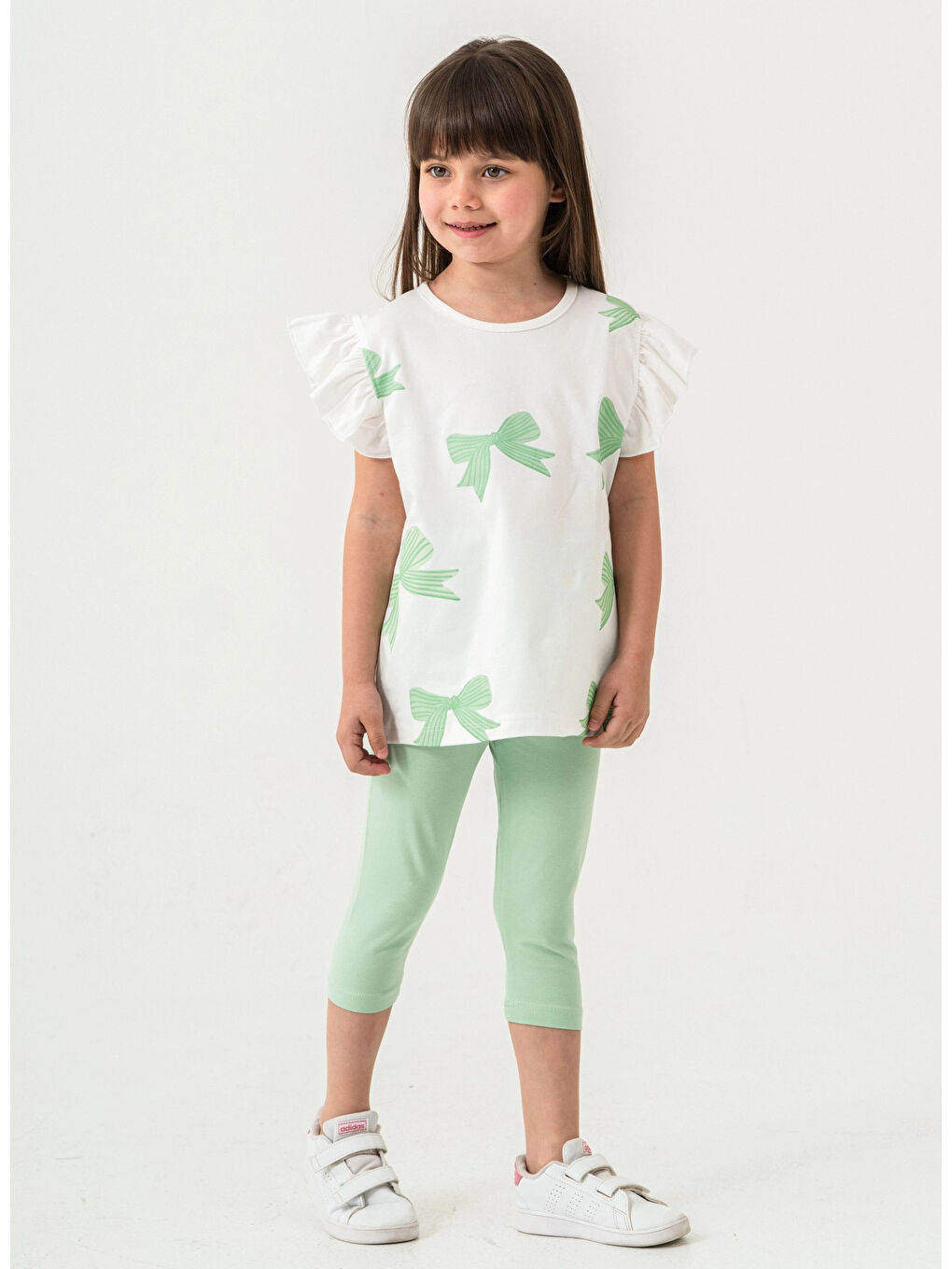 Yeşil Fiyonk Baskılı Fırfırlı Kız Çocuk Takım 50352