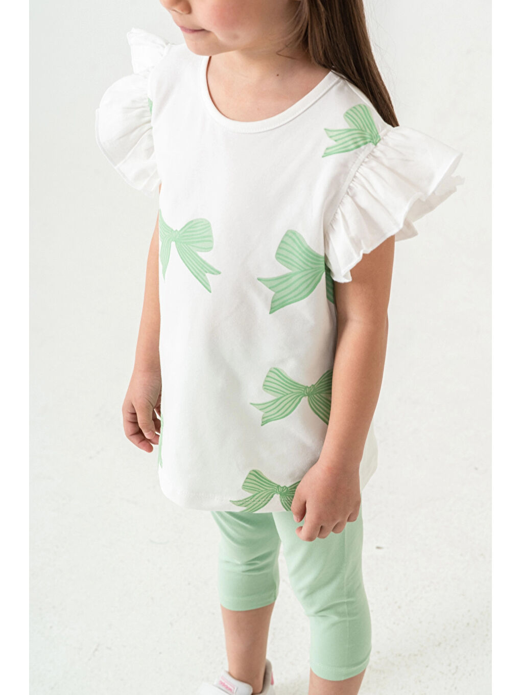 Yeşil Fiyonk Baskılı Fırfırlı Kız Çocuk Takım 50352-1