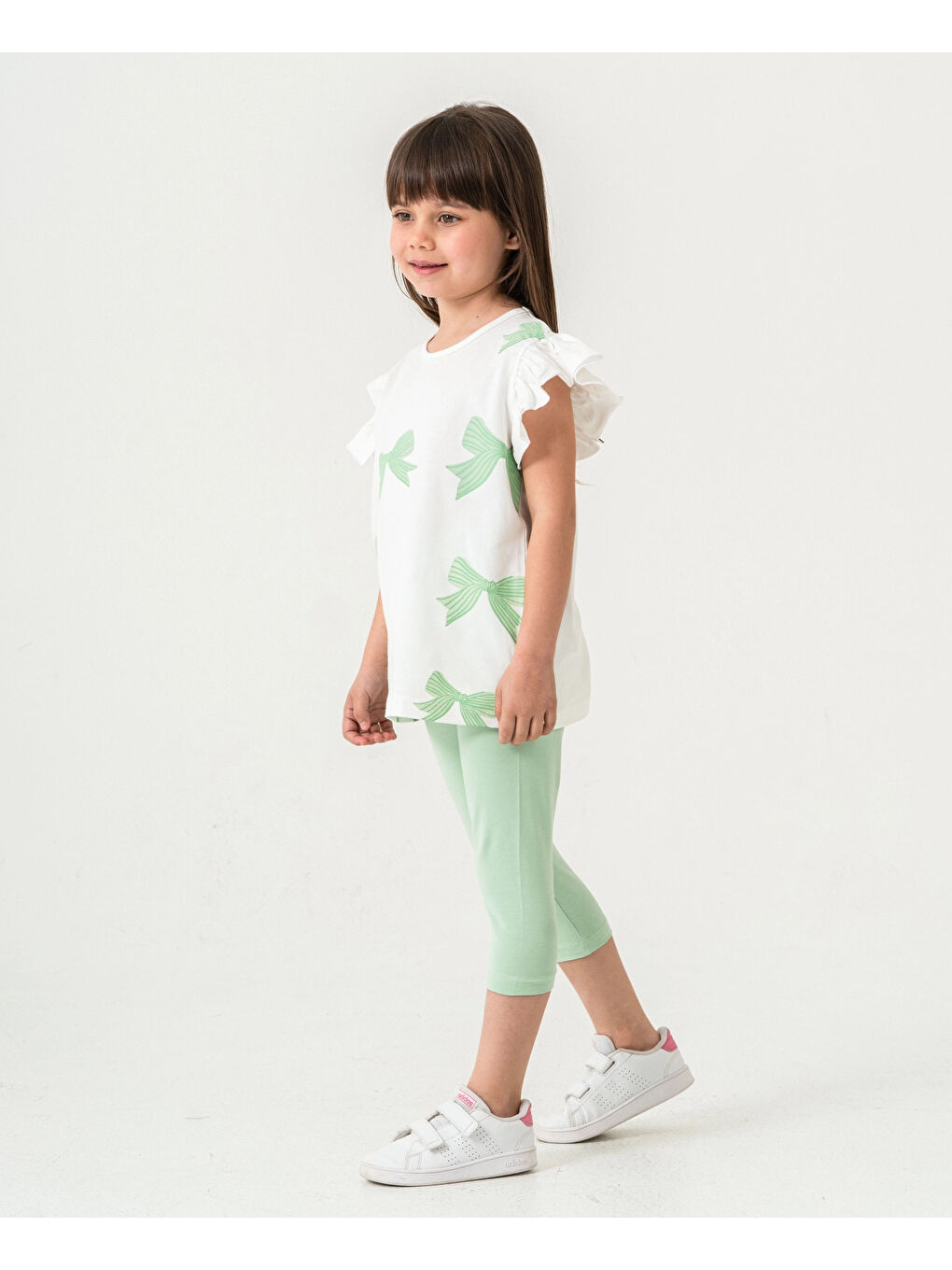 Yeşil Fiyonk Baskılı Fırfırlı Kız Çocuk Takım 50352-2