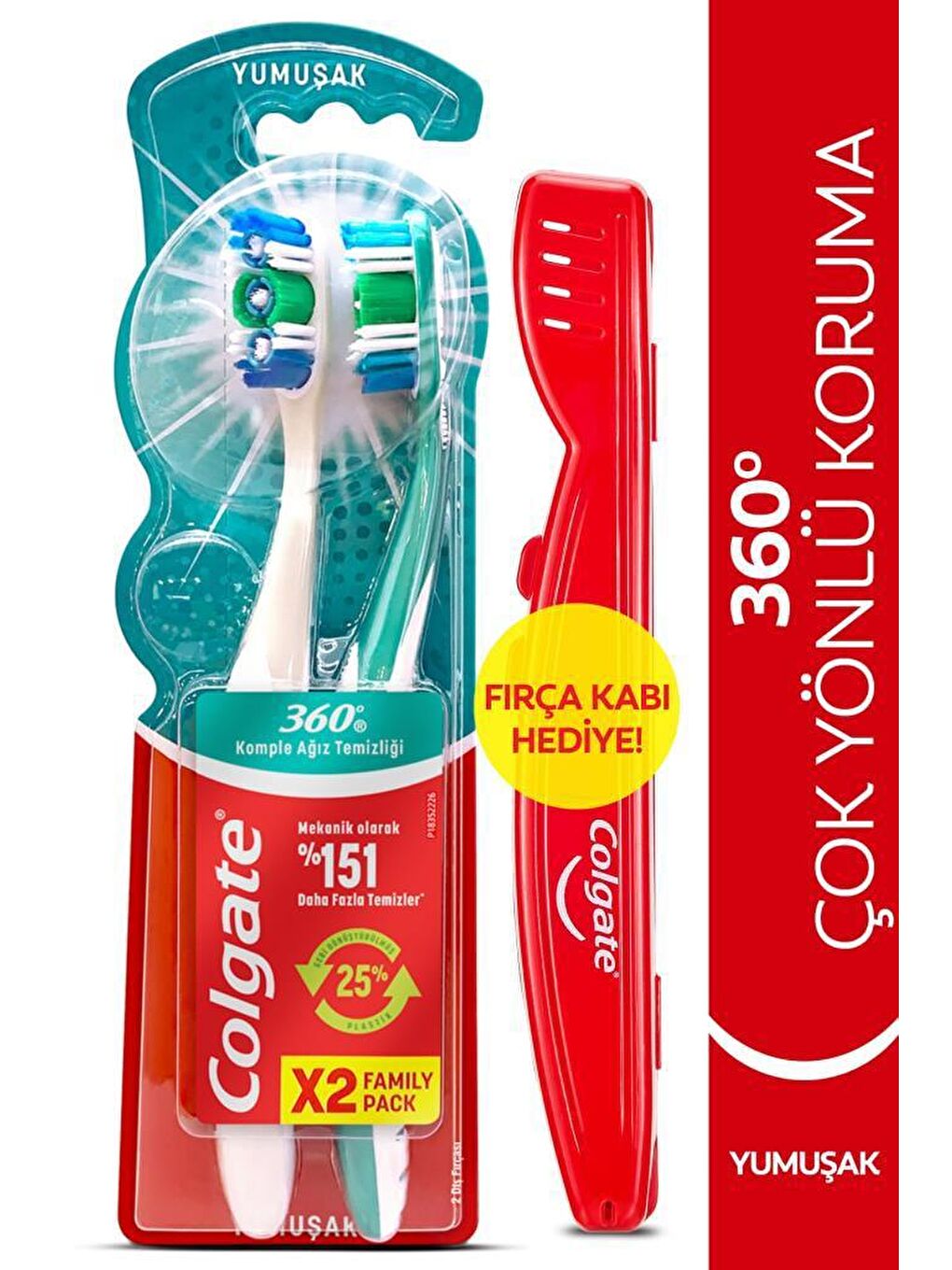 Colgate Beyaz-Yeşil 360 Komple Ağız Temizliği Çok Yönlü Koruma Yumuşak Diş Fırçası 1+1 Fırça Kabı Hediye