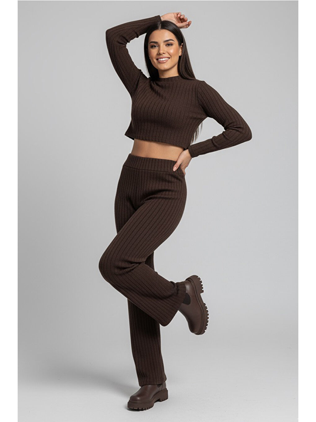 Kahverengi Parmak Geçmeli Kaşkorse İkili Takım Kahve - 27820-KAHVE