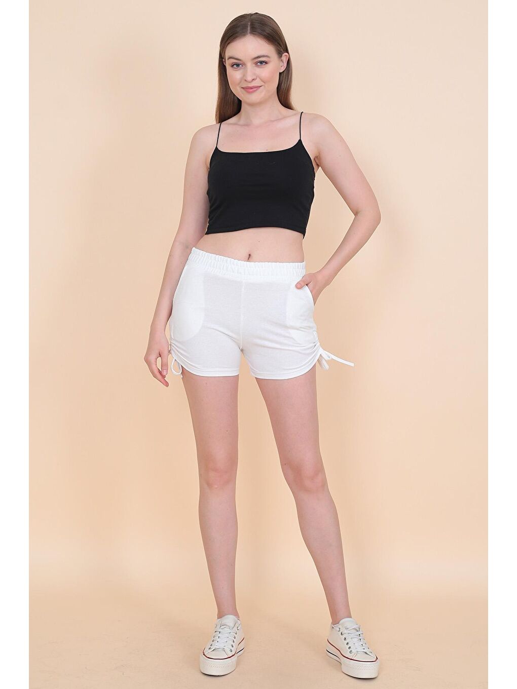 Ekru Kadın Yan Büzgülü Şort 1991-1