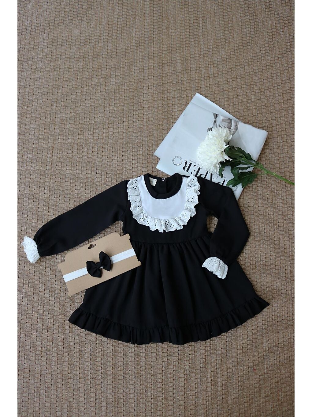 Beyaz Kız Çocuk Ruby Siyah Uzun Kollu Dantel Detaylı Fırfırlı Elbise Bandana Takım-6