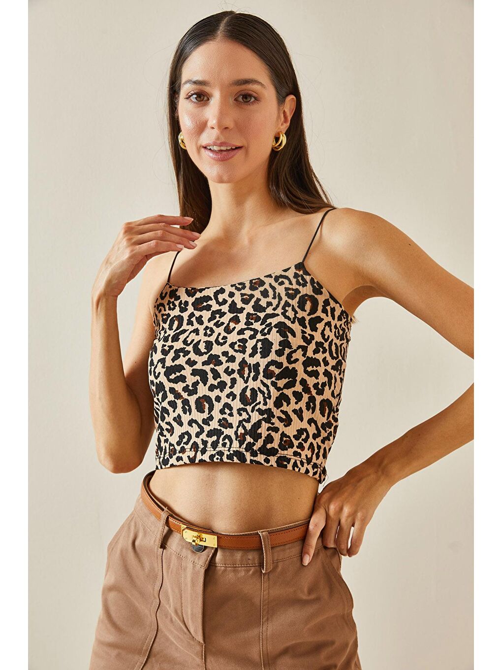 XHAN Kahverengi Leopar Desenli Askılı Kaşkorse Crop - 3