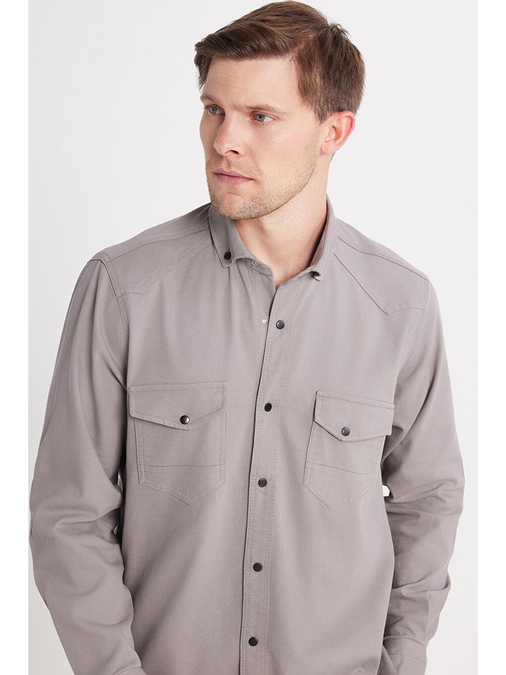 Erkek Regular Fit Rahat Kesim Çift Cepli Spor Yaka Denim Gri Gömlek