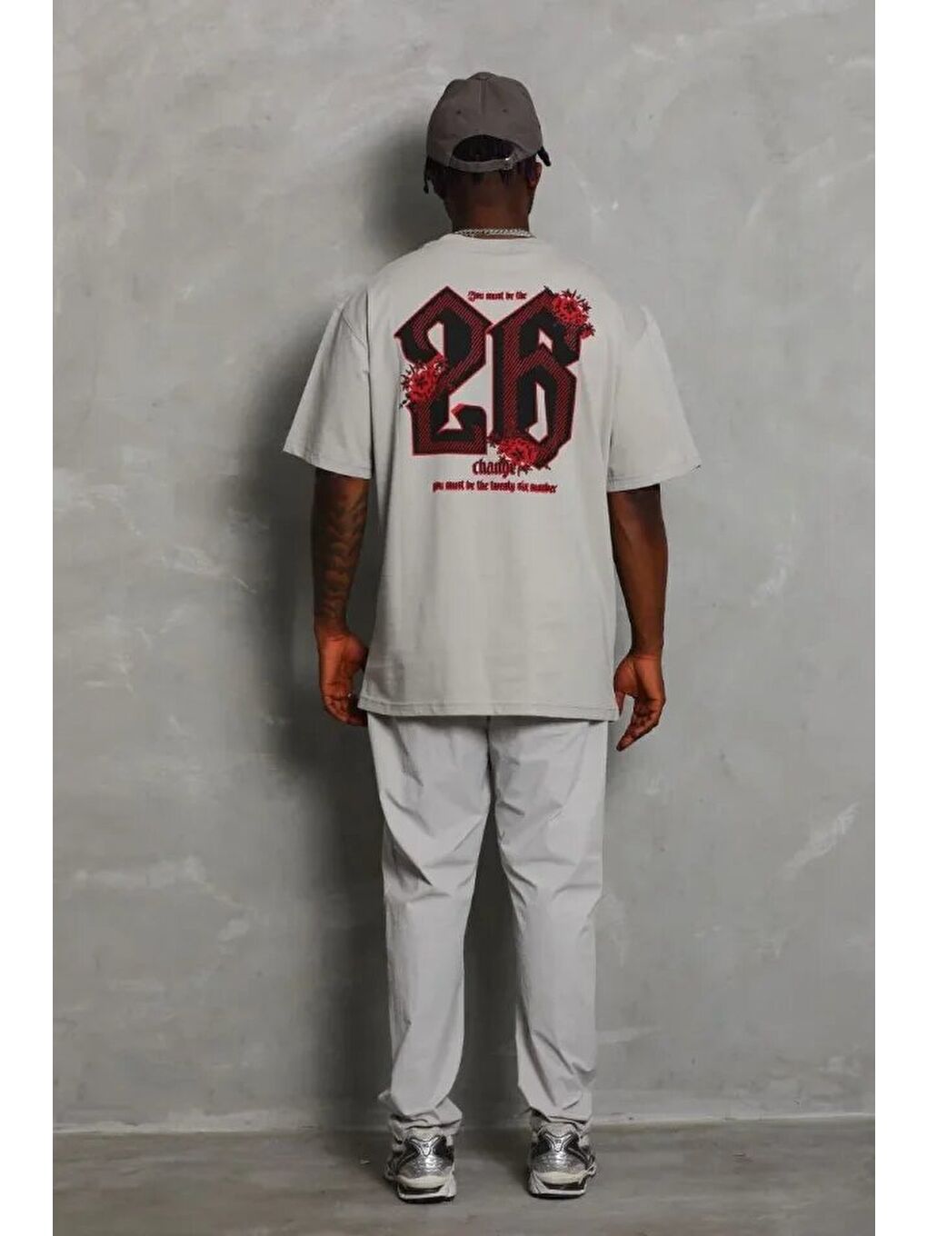 Gri ERKEK Oversize Baskılı Bisiklet Yaka Tişört-2