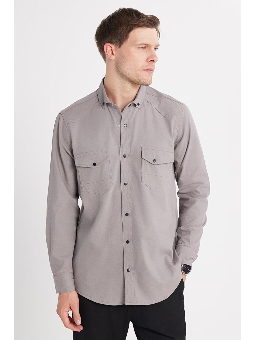 Erkek Regular Fit Rahat Kesim Çift Cepli Spor Yaka Denim Gri Gömlek-1