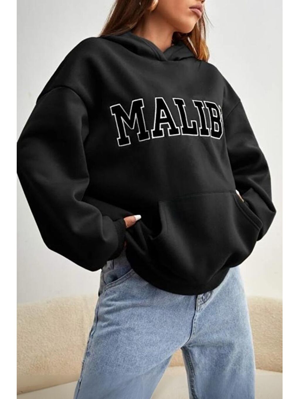 Oksit Siyah Malibu Ön Baskılı Unisex Kapüşonlu Sweatshirt