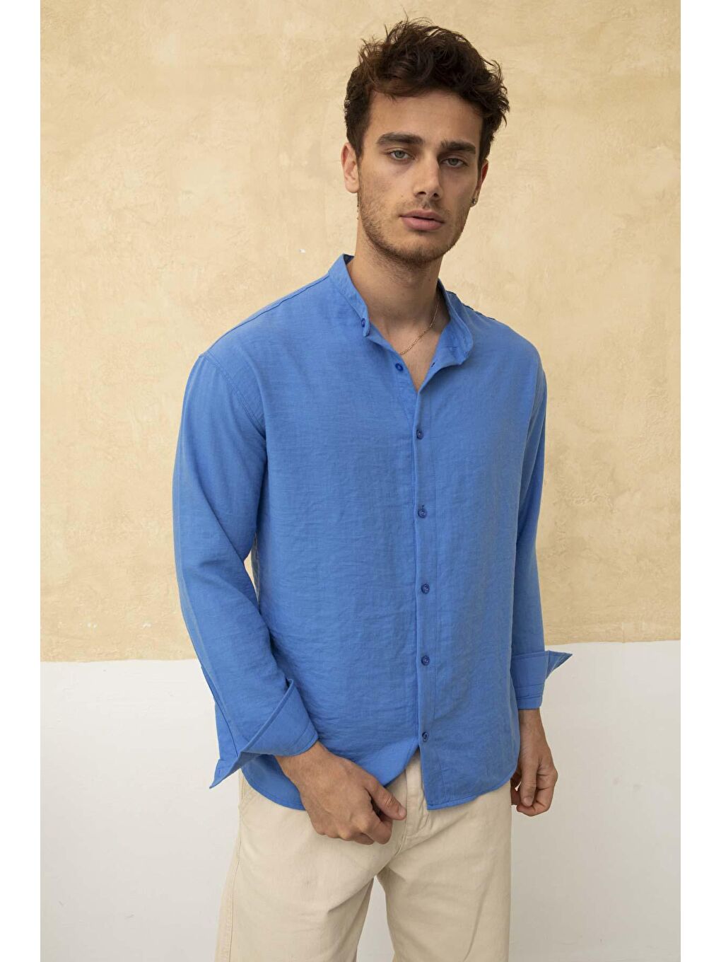 Mavi Slim Fit Dar Kalıp Uzun Kol Hakim Yaka Pamuklu Keten Efekt Gömlek-1