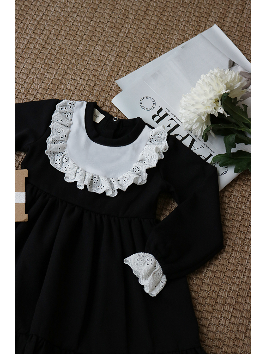 Beyaz Kız Çocuk Ruby Siyah Uzun Kollu Dantel Detaylı Fırfırlı Elbise Bandana Takım-7