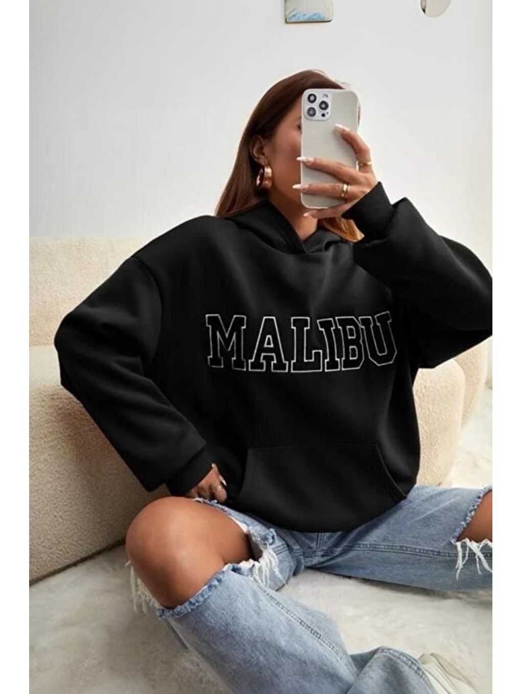 Oksit Siyah Malibu Ön Baskılı Unisex Kapüşonlu Sweatshirt - 1