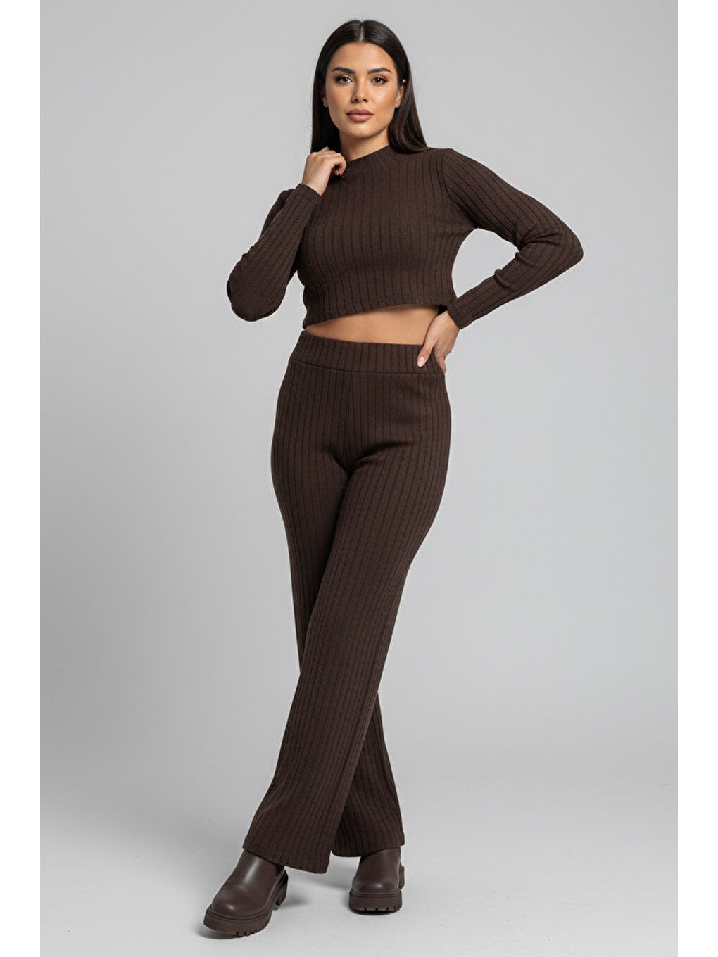 Kahverengi Parmak Geçmeli Kaşkorse İkili Takım Kahve - 27820-KAHVE-1