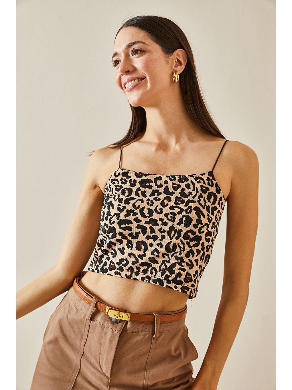 XHAN Kahverengi Leopar Desenli Askılı Kaşkorse Crop - 4