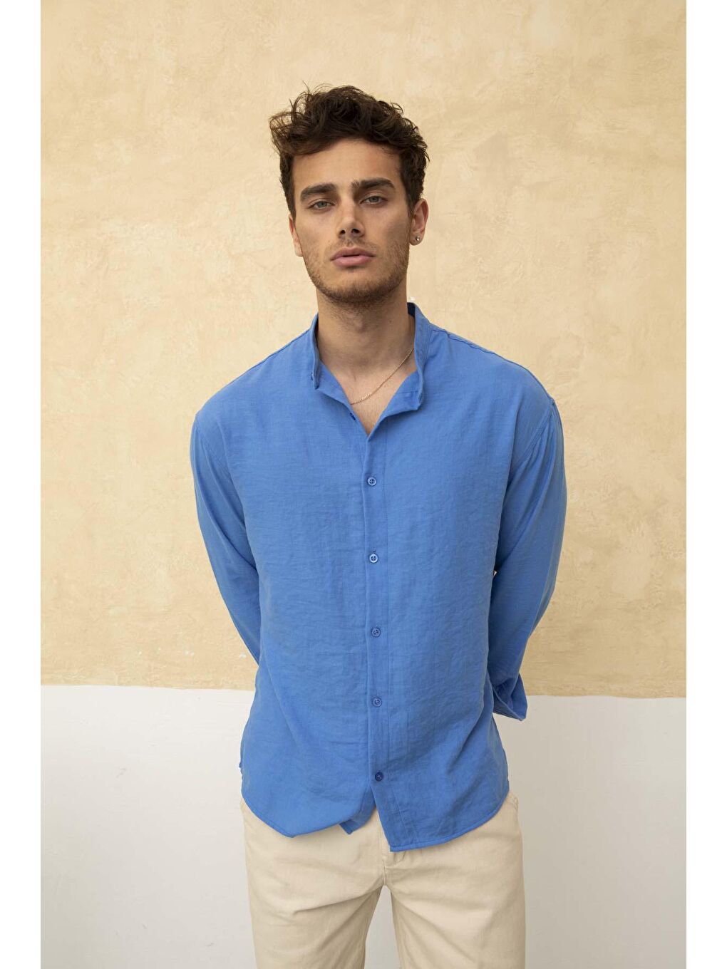 Mavi Slim Fit Dar Kalıp Uzun Kol Hakim Yaka Pamuklu Keten Efekt Gömlek-2