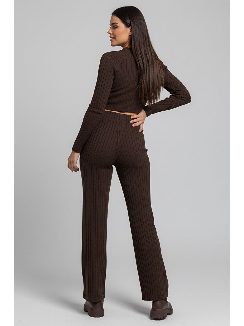 Kahverengi Parmak Geçmeli Kaşkorse İkili Takım Kahve - 27820-KAHVE-2