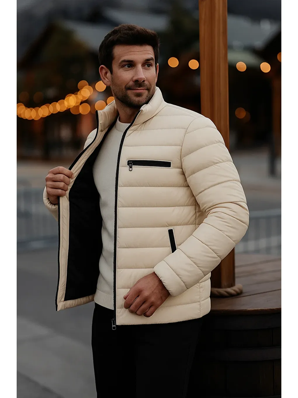 Ekru Erkek Trend Günlük Dik Yaka Kışlık Krem Şişme Mont-1