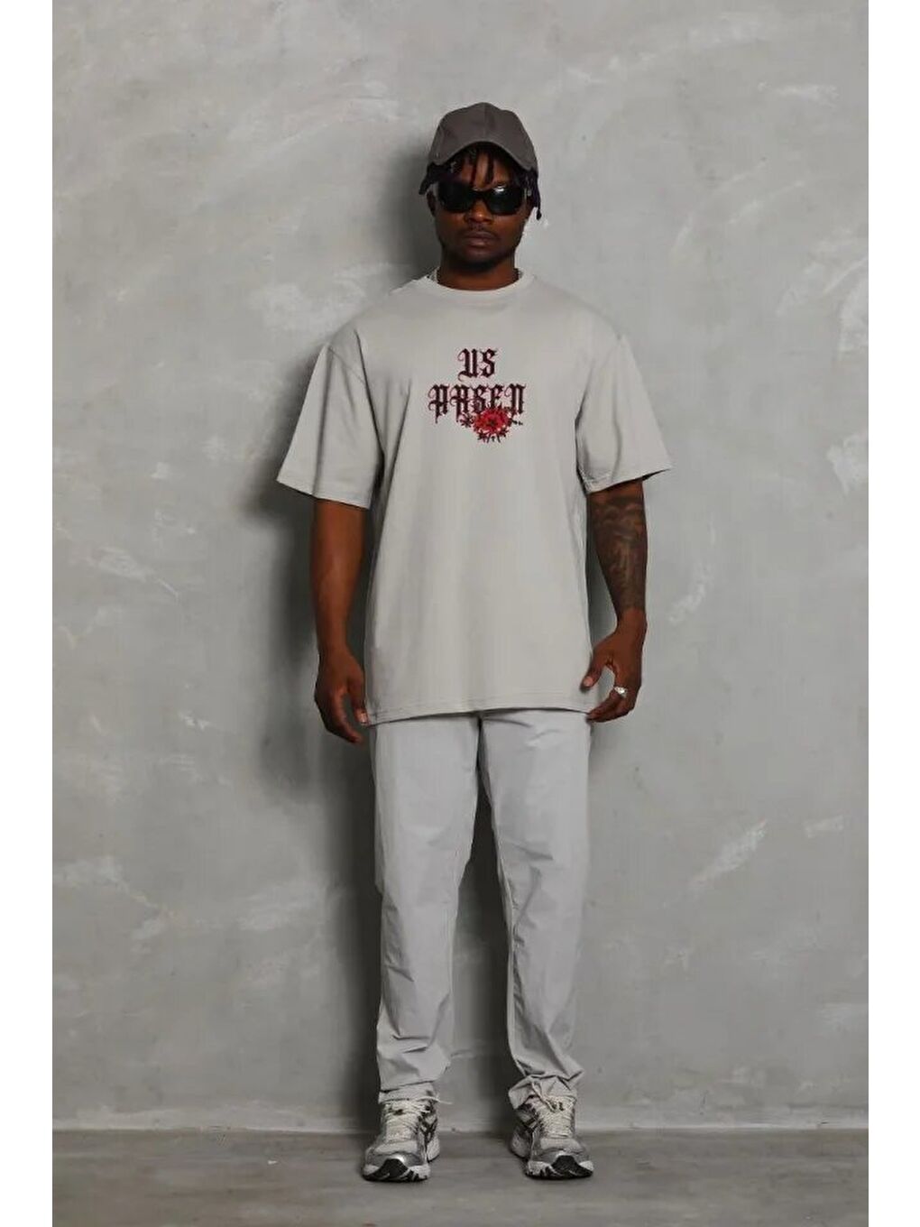 Gri ERKEK Oversize Baskılı Bisiklet Yaka Tişört-3