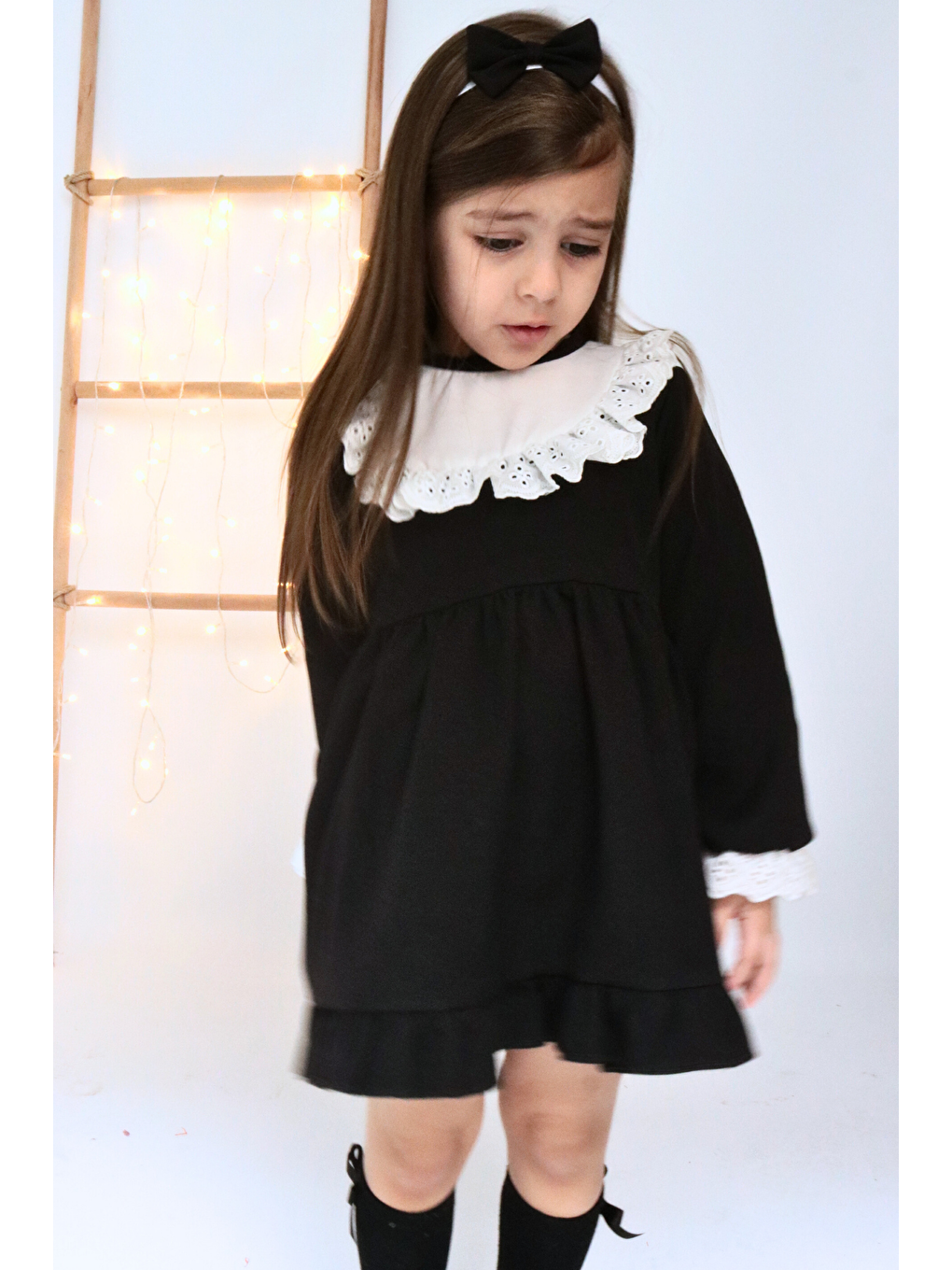 Beyaz Kız Çocuk Ruby Siyah Uzun Kollu Dantel Detaylı Fırfırlı Elbise Bandana Takım-8