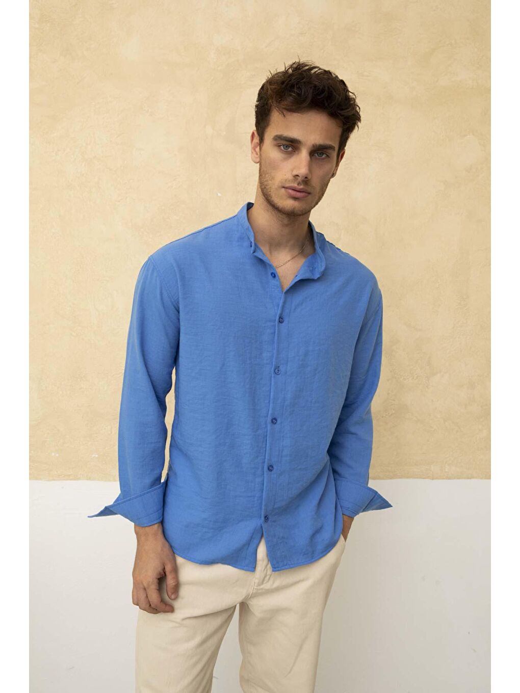 Mavi Slim Fit Dar Kalıp Uzun Kol Hakim Yaka Pamuklu Keten Efekt Gömlek-3